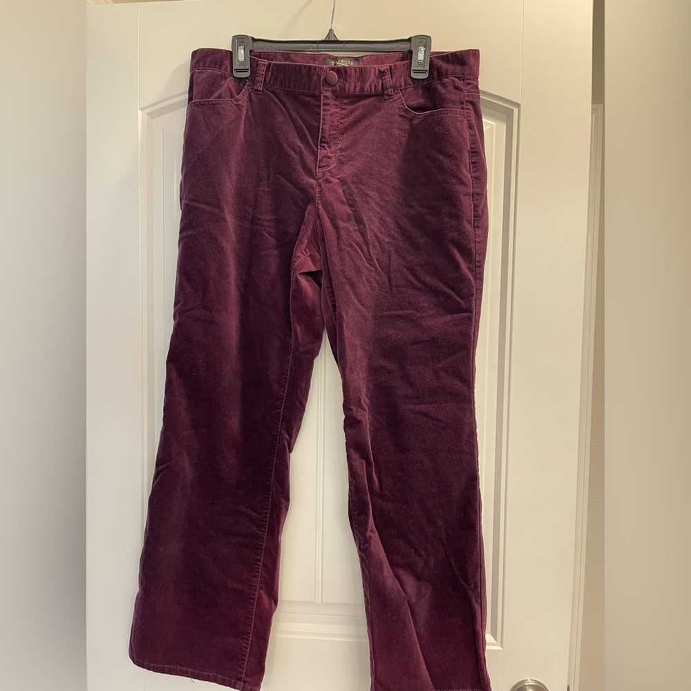 Talbots Womens Signature Boot Velvet Pants 14 Petite Purple Mid Rise Stretch